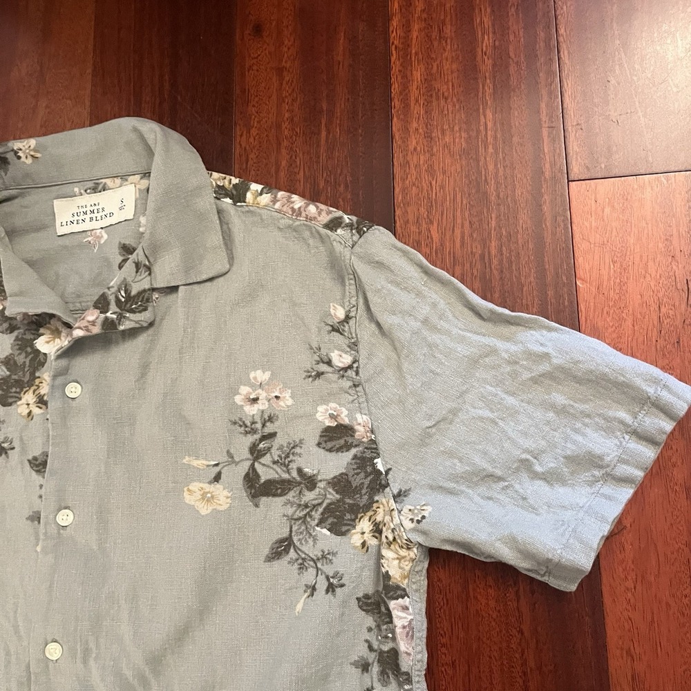Abercrombie Fitch Shirt Mens Sage Small Summer Linen Blend Floral Camp Button Up - Picture 5 of 11